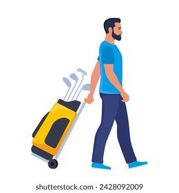 Man golf player walking with Golf Club bag, side view. Vector Illustration