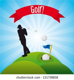 man golfer over landscape background, golf. vector illustration