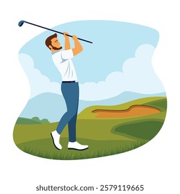 Man Golfer Player Character Playing Golf Sport on the Field in Bright Sky