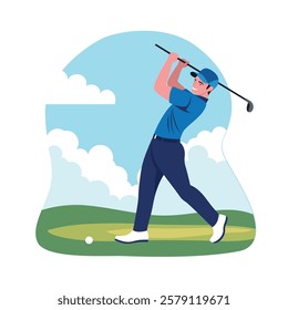 Man Golfer Player Character Playing Golf Sport on the Field in Bright Sky