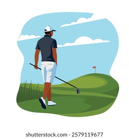Man Golfer Player Character Playing Golf Sport on the Field in Bright Sky