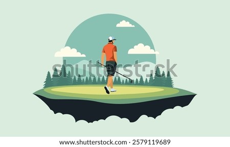Man Golfer Player Character Playing Golf Sport on the Field Landscape