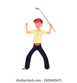 A man golfer rejoices in victory and raised his hands with a stick or club. Isolated vector cartoon flat golfer or golf player illustration.