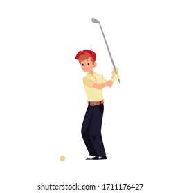 A man golfer stands in a red cap and hits with a club. A man plays golf with a club, a sports game. Isolated vector cartoon flat illustration of golf player.