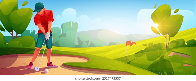 Man golfer swings club and tries to hit ball into hole on golf course landscape with green grass on lawn, sand areas and red flag. Cartoon vector summer day scene with sportsman playing outdoor sport.