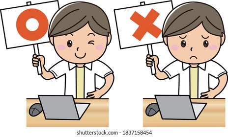 A man with a good or bad placard while operating a laptop