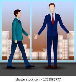 man in good mood, businessmen in classic clothes go to meeting. Business negotiations, solving important business issues. Vector in realistic style