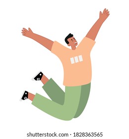 A man in a good mood jumps with happiness. Experiences and expresses emotions feelings of joy. Vector illustration of happy people