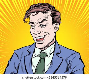 Man in a good mood smiling and laughing happily. Pop art retro hand drawn style vector design illustrations.