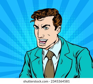 Man in a good mood smiling and laughing happily. Pop art retro hand drawn style vector design illustrations.