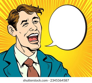 Man in a good mood smiling and laughing happily. Pop art retro hand drawn style vector design illustrations.