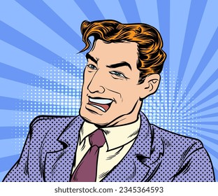 Man in a good mood smiling and laughing happily. Pop art retro hand drawn style vector design illustrations.