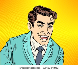 Man in a good mood smiling and laughing happily. Pop art retro hand drawn style vector design illustrations.
