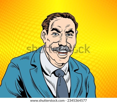 Man in a good mood smiling and laughing happily. Pop art retro hand drawn style vector design illustrations.