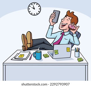 Man goofing off at work while sitting at his desk with his feet up and laughing at something on his cell phone and eating a doughnut.