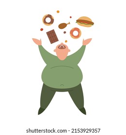 el hombre se atrapa con las donaciones y la comida deliciosa y no puede parar. vector de dibujos animados