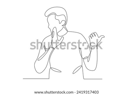 A man is gossiping about someone behind his back. Gossip one-line drawning