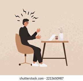 Un hombre se quemó en el lugar de trabajo, un trabajador enfadado. Ilustración vectorial de un profesional estresado y sobrecargado de trabajo. 