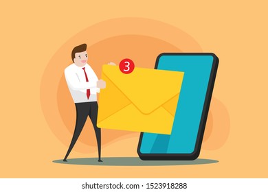 Man got an email from mobile phone. Online business with modern smart phone. world wide connection with technology device. people contact each other by wireless network. communication concept.