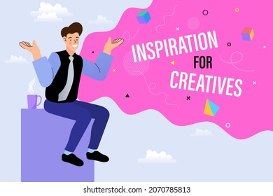 man got energized inspired and creativity when Drank a cup of Coffee. female office worker, sitting, happy and smiling, thinking and getting idea. inspiration for artist, creator. Flat color vector.