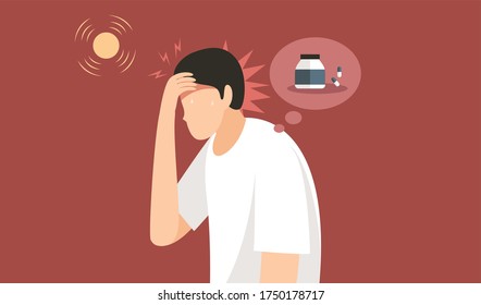 Mann bekam Kopfschmerzen braucht Medizin, gesichtsloses Design