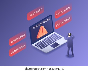 Man got his computer virus and malware cause error and deleted files or lost data. 3D isometric vector illustration