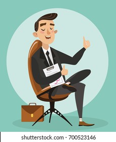 The man got the job of the boss. The businessman is sitting in the boss's chair. Businessman in suit shows thumb. Vector illustration