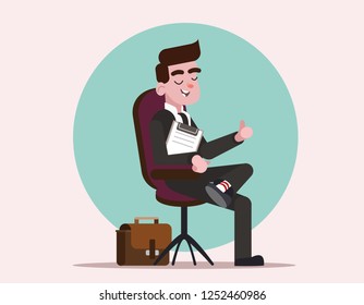 The man got the job of the boss. Happy boss practicing job interview.  Businessman is sitting in the boss's chair. Businessman in suit shows thumb. Cartoon character businessman. Flat vector