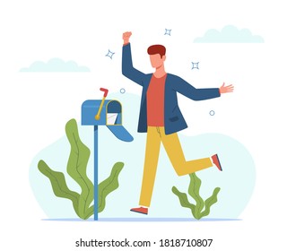 Man got letter. Happy guy near mailbox receiving mail, businessman with important letters envelope, correspondence and message sending express delivery post service cartoon vector flat cartoon concept