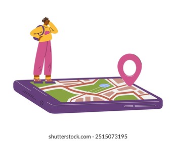 O homem se perdeu em uma nova cidade. Viajante fica pensativamente com uma mochila em um telefone grande com um mapa da área e um sinal de localização. Navegação. Turismo. Ilustração vetorial sobre fundo branco.