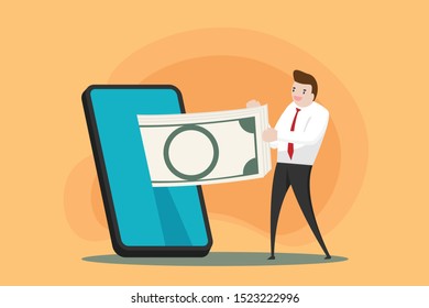 Man got money from mobile phone. Online business with modern smart phone. world wide connection with technology device. people contact each other by wireless network. communication concept.