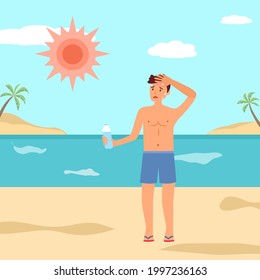 Man Got Sunburn And Sweaty Dehydration From Strong Sunlight At The Beach. Guy Holding A Bottle Of Water Nearby Sea In Flat Design. Hot Climate In Summer.