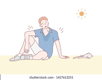 Man got sunburn in very hot summer days. Hand drawn style vector design illustrations.