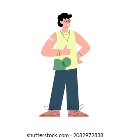 Man got vaccinated and stand full body with band aid patch on his shoulder and his thumb up. Young modern male vaccine motivational cartoon flat vector poster.