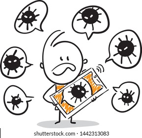 Man got virus on his phone. Doodle style vector illustration object isolated hand draw. Line art cartoon design character