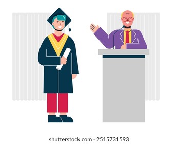 Hombre con vestido y gorra en el podio, conferencia de la ceremonia de graduación que se adelanta para la legalización con el profesor. Carácter de diseño. Ilustración plana de Vector