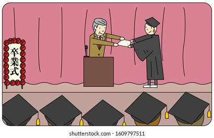 A man in a gown receiving a diploma at a degree award ceremony. Translation: Graduation ceremony
