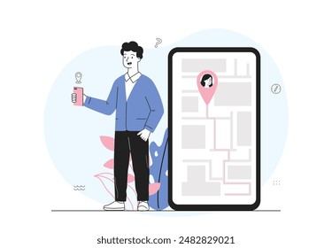Mann mit GPS-Standort. Junger Mann in der Nähe von Smartphone mit GPS-Zeichen auf der Karte. Navigation und Geolokalisierung Anwendung für Touristen und Reisende. Reisen und Tourismus. lineare Vektorillustration