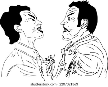 El hombre agarra al otro por el cuello, con la discusión, dos hombres agresivos y la lucha contorno ilustración vectorial, personas discutiendo el dibujo de la silueta