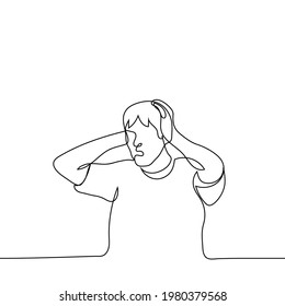 man grabbed his head, he was terrified - one line drawing. horror, despair, shock, headache, migraine concept
