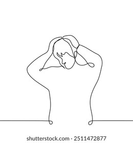 man grabbed his own head - one line art vector. concept terrible discovery, confused, cringe, grab head. Handmade vector not AI