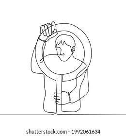 man grabbed the ring lamp and looks at the viewer through it - one line drawing. concept of blogging burnout, creative burnout, worn out from public life, creative exhaustion due to content searches