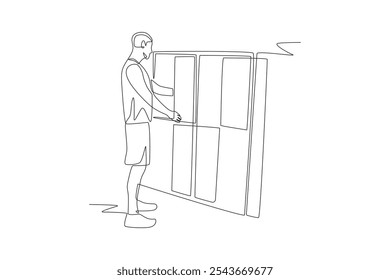 Man grabs towel at gym locker. Gym locker concept one-line drawing