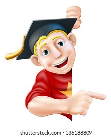 Man in graduate mortar board hat or cap leaning round a sign or banner and pointing at it