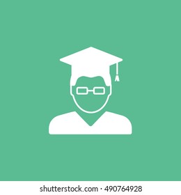 Man In Graduation Cap With Glasses Flat Icon On Green Background