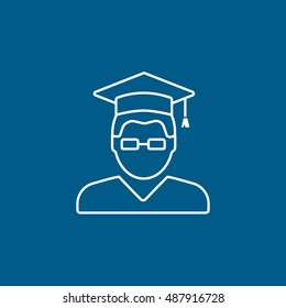 Man In Graduation Cap With Glasses Line Icon On Blue Background
