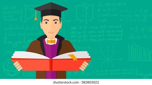 Man in graduation cap holding book.
