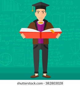 Man in graduation cap holding book.