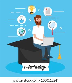 man in the graduation cap with laptop technology