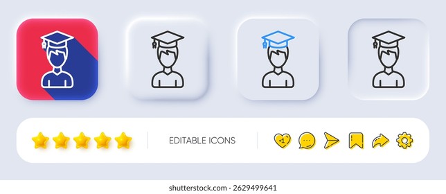 Man in Graduation cap line icon. Neumorphic, Flat shadow, 3d buttons. Education sign. Student hat symbol. Line student icon. Social media icons. Vector